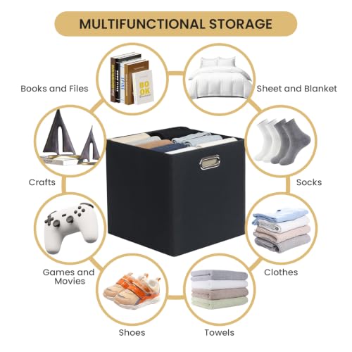 13x13 Storage Cubes Basket Containers for Shelf Cabinet Bookcase Boxes (13×13×13/4pcs / Pure Black-1200D)