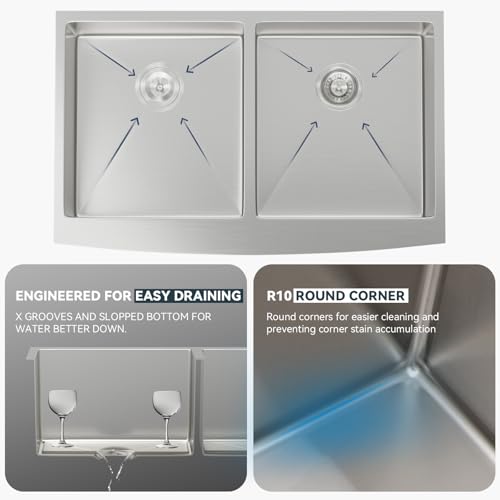 33 Inch Farmhoue Sink Double Bowl Stainless Steel Farm Kitchen Sink 16 Gauge Double Basin 50 (Stainless Steel / 33''x21''x10''-50/50)