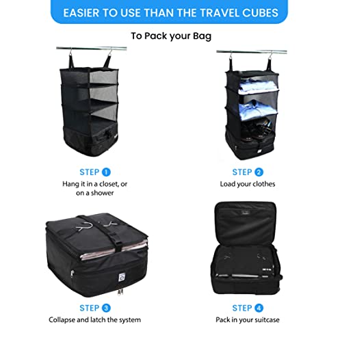 Stow-N-Go Hanging Travel Shelves, Packing Organizer for Luggage. Carry on Closet for Suitcase. Expandable Packing Cube. Travel Essentials. (Black - L, L = (L) 11.8" x (W) 11.8") (Black / L = (L) 11.8" x (W) 11.8")