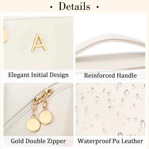 Initial Makeup Bag Personalized Gift for Women Teen Girls (Beige / A)