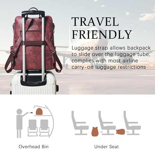 Vegan Leather Laptop Backpack for Women 15.6 inch Work Backpack Fashion Travel Backpack Purse for Business College (Two-tone Maroon)