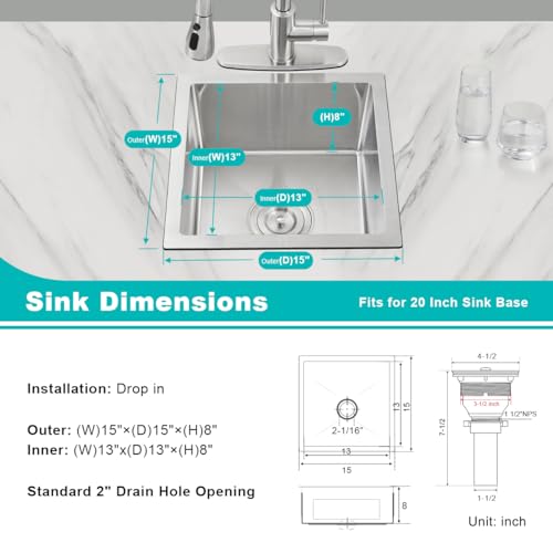 15 x 15 Inch Undermount Kitchen Sink 18 Gauge 304 Stainless Steel (Brushed / D15"xW15"xH8")