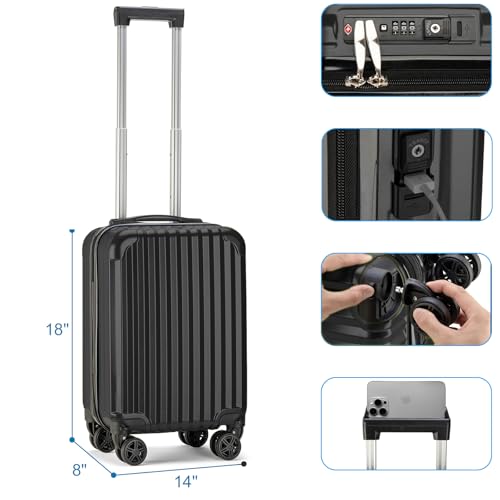 Personal Item Small Suitcase 18x14x8 Inches Hardside Built In TSA Lock & USB Port Lightweight Luggage With Removable Silent Wheels Underseat Carry (Black)