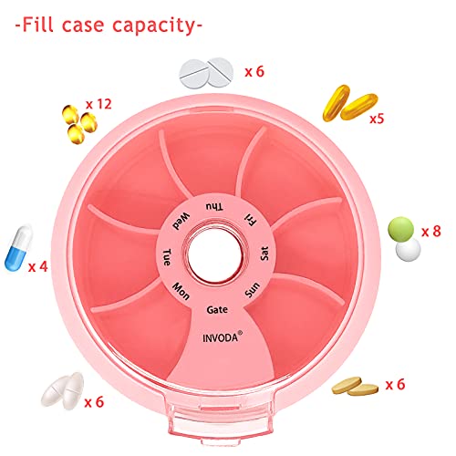 2PCS INVODA Weekly Pill Organizer 7 Compartment Rotating Pill Box for Daily (Pink+blue)