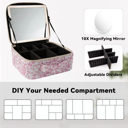 Travel Makeup Bag with LED Mirror Toiletry Bag for women with 10x magnifying glass (Red Flower / With LED Mirror and 10x Magnifying Glass)