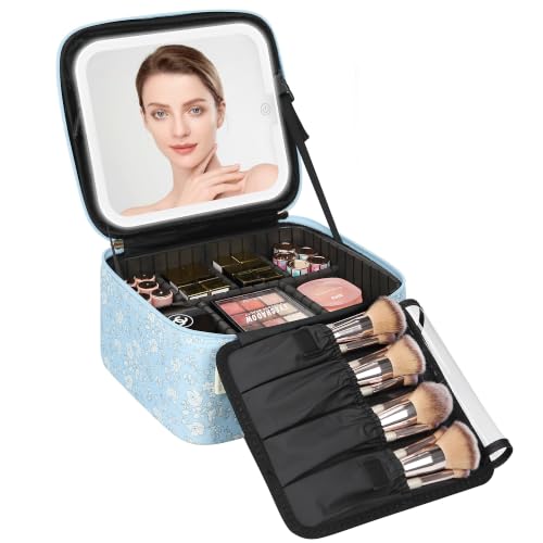 Travel Makeup Bag with LED Mirror for Women Girls (02-White Flower / 1-Small)