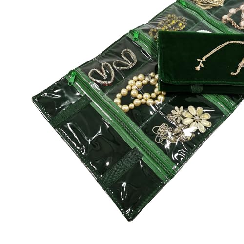 Travel Jewelry Roll Bag Portable Organizer Pouch With Grids&PVC Cover Storage Bags for Necklace (Blackish Green Velvet 9 Grids)