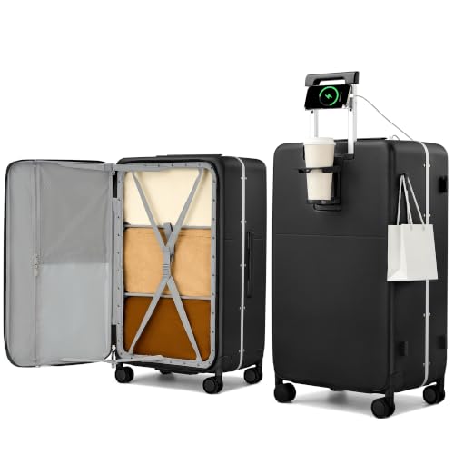 28 Inch Top Opening Checked Luggage with Cup Holder and USB Ports (Jet Black / 28 Inch Pro)
