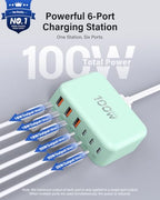 USB Fast Charger Block 50% Smaller 100W Max 6 (Light Green / 100W)