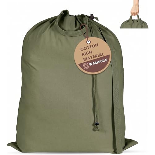 LFH Home Large Premium 1pack Cotton Rich Canvas Laundry Bag with Drawstring and Handles Heavy Duty (28"x36" / Military Green)