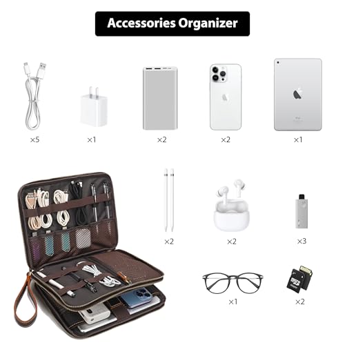 Full Grain Leather Travel Cable Accessories Bag (Brown)