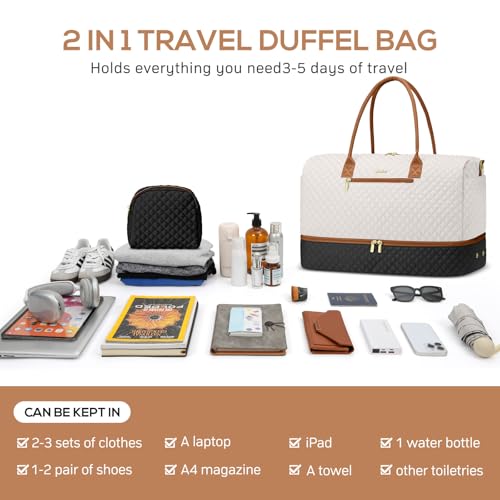 Travel Weekender Duffle Bags for Women (51-Black White Brown / Large)