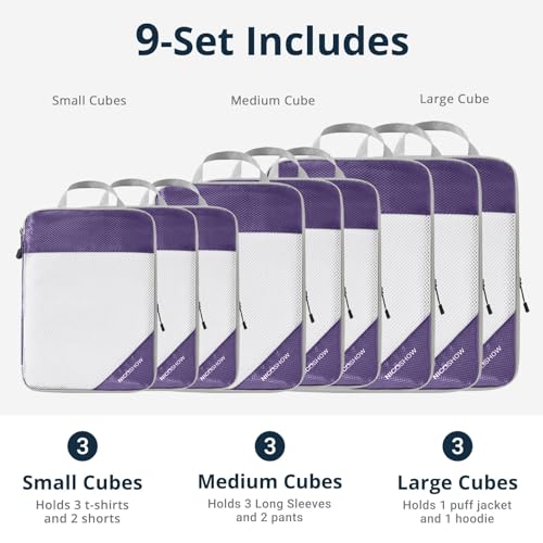 9 Set Compression Packing Cubes for Travel (Purple / 9 pcs)