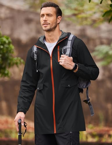Long Rain Jackets Lightweight Hooded Packable Raincoat Waterproof Outdoor Hiking Windbreaker Jacket for Men (Black/Orange / X-Large)