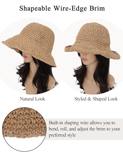 Womens Crochet Straw Sun Hat Foldable Floppy Wide Brim Beach Hat for Summer (One Size / Khaki)