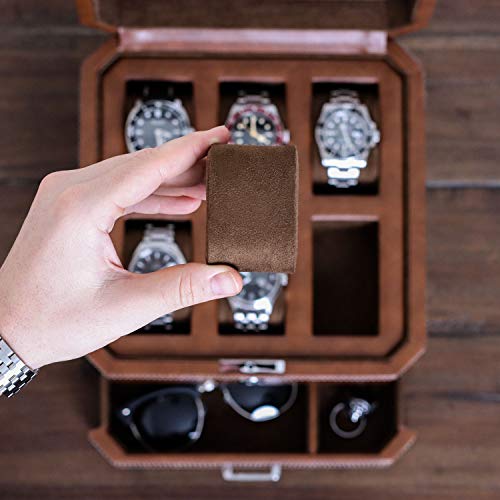 6 Slot Leather Watch Box with Valet Drawer (6 Slot - Tan / Brown)
