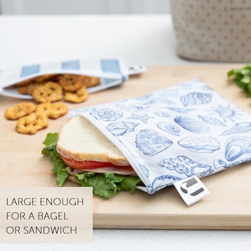 Roamio Reusable Sandwich and Snack Bags (C6 Nautical Stripe & Shells-Lg)
