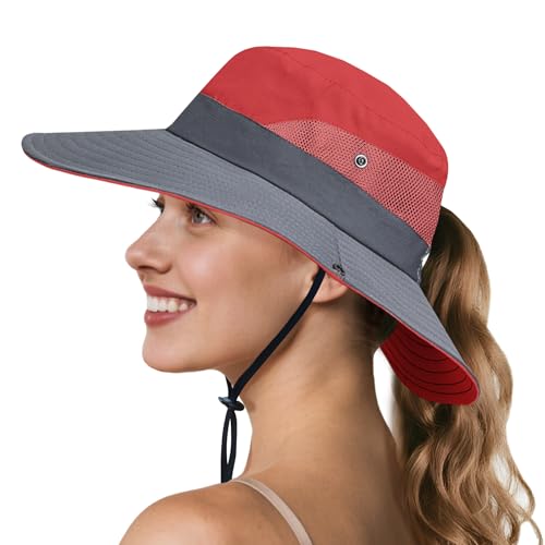 Ponytail Sun Hats for Women UPF 50+ Watermelon (Watermelon/Grey (Ponytail Hole))