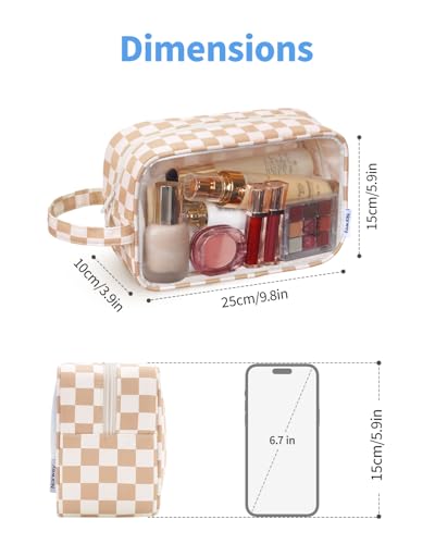 Clear Toiletry Bag for Women (Y-Light Brown Checkerboard)