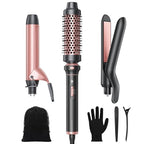 3 in 1 Curling Wand Set with Heated Round Brush (Classic Rose Gold)