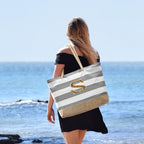 Beach Bag Initial Beach Tote with Makeup Bag for Travel Work Storage Personalized Birthday Gifts for Women Her (Light Grey / S)