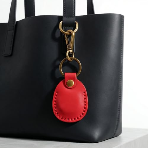 Genuine Leather Airtag Holder Compatible with Apple AirTag Keychain 2nd & 1st Gen (True Red)