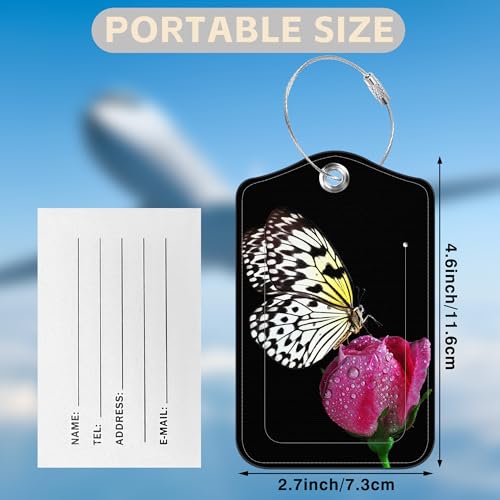 2 Pack Luggage Tags for Suitcases Butterfly on Pink Rose Leather Luggage Tags Privacy Cover ID Label with Stainless Steel Loop and Address Card for Women Men Travel Bag Backpack (Butterfly on Pink Rose)