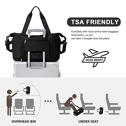 Large Travel Duffle Bag Carry On Weekender Bags for Women Men 18x14x8 Gym (A34-Black-2-layer Expansion / X-plus)
