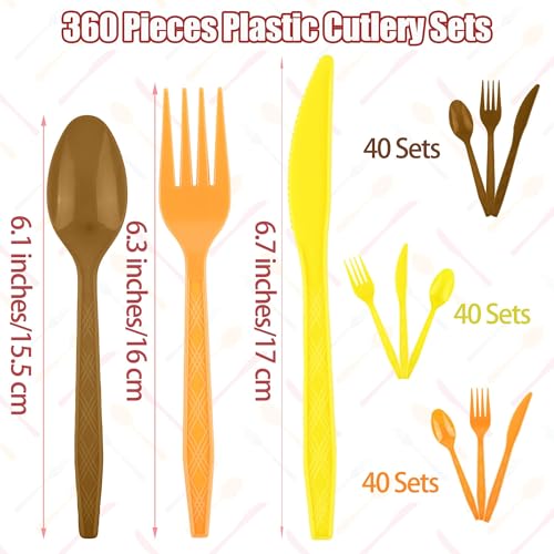 360 Pcs Fall Thanksgiving Plastic Cutlery Set (Orange, Yellow, Brown)