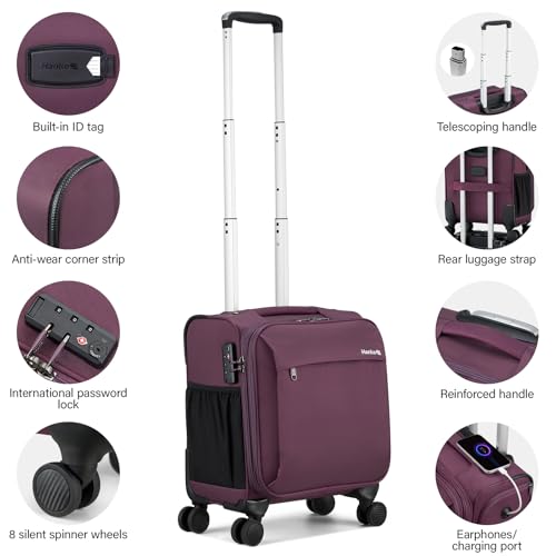 16 Inch Underseat Carry On Luggage with Wheels Small Suitcase Softside Luggage Bags for Travel Lightweight Suitcases with Wheels Travel Luggage Personal Item for Men and Women (Purple / 16 Inch)