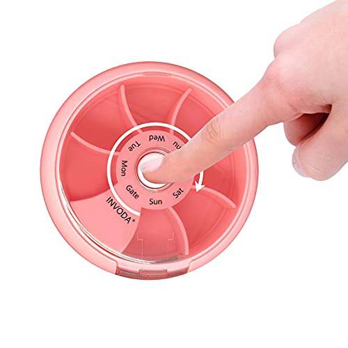 Weekly Pill Organizer 7 Compartment Rotating Pill Box for Daily (Pink)