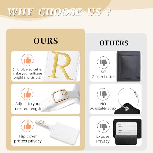 Personalized Initial Luggage Tags for Suitcase TSA Approved (White Leather,glod Letter / R)