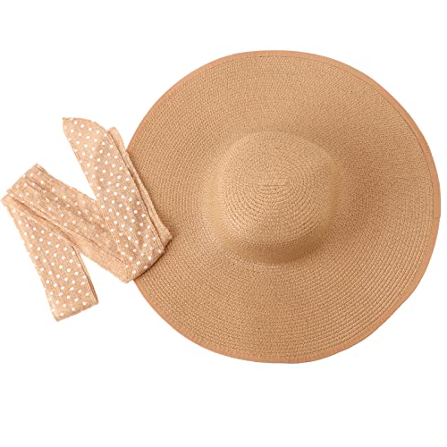 Wide Brim Sun Hat for Women Floppy Straw Hat Summer Beach Hats Fashionable Trendy Hats Sun Protection UPF 50+ (1 Pc：khaki+white Dot Hat, 4.7" Brim)