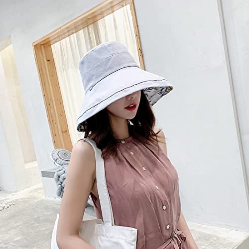 Women Floral Reversible Wide Brim Sun Hats Summer UV Protection Hiking Fishing Hat Wired Edge Beach Garden Lawn Work Cap Chin Strap (Medium / Qf002-gray)