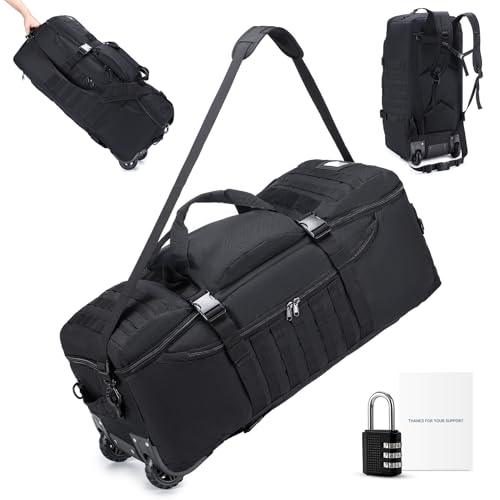 Tactical Travel Duffle Bag with Wheels and Handle 3 in 1 Large 85L XL Rolling Travelling Backpack Waterproof Oxford Carry On Hand Luggage Deployment Bags with Combination Padlock (Black)