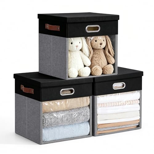 11x11 Inch Ultra Thick Fabric Storage Bins with Lids & Windows (Black&Gray / 11"L x 11"W x 11"H)