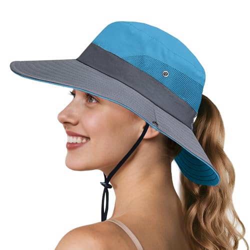 Ponytail Sun Hats for Women UPF 50+ SkyBlue (Skyblue/Grey(ponytail Hole))