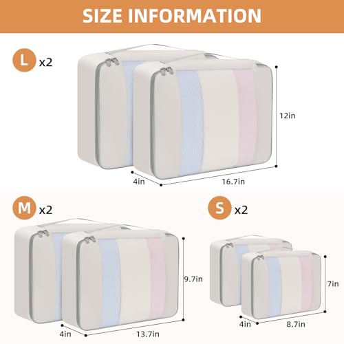 6 Set Packing Cubes Various Sizes Packing Organizer for Travel Accessories Luggage Carry On Suitcase (06-Beige / 6 Set-middle Mesh)
