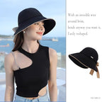 HUALBO Wide Brim Hats for Woman Foldable Hats Sun Hats for Women uv Protection Bowknot Bucket hat Adjustable hat with Ponytail Hole Black (Black)