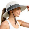 Ponytail Sun Bucket Hats for Women UV Protection Foldable Wide Brim (1-pack-beige)