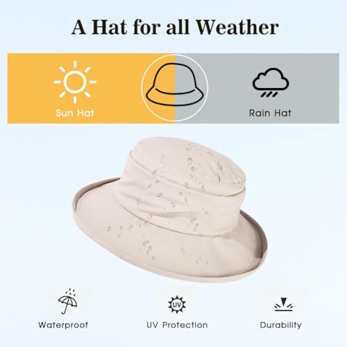 Women's Waterproof UPF 50+ Wide Brim Packable Rain Hat (737_beige / X-Large)