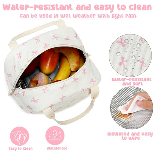 Lunch Bag for Women Men Cute Corduroy Lunch Tote Bags Reusable Insulated Lunch Box Large Capacity Reusable Insulated Cooler for Work Picnic or Travel (Bowtie-Pink / 10L)