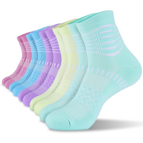 Ankle Compression Socks for Women Men Plantar Fasciitis Relief Cushioned Athletic Running Socks 5 Pairs (Large / Rose Red+light Blue+purple+green+cyan(5 Pairs))