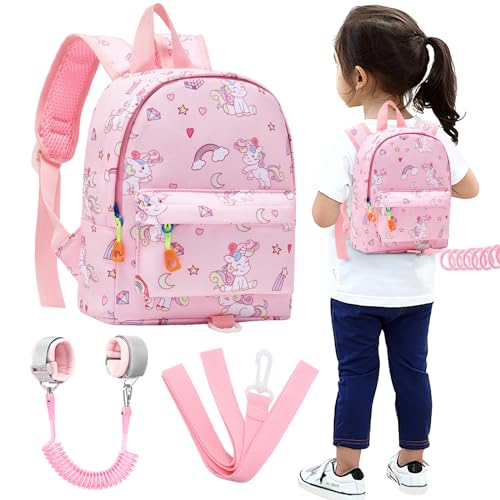 Toddler Backpack Leash with Anti Lost Wrist Link (Pink/Unicorn, Pink Link)