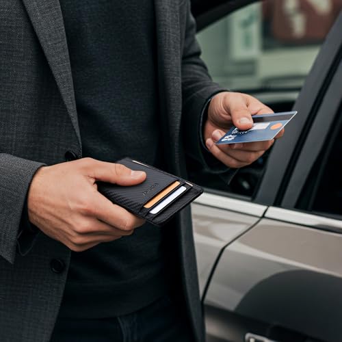 Slim Minimalist Front Pocket RFID Blocking Leather Wallets for Men and Women (Small / Carbon Fiber Black)