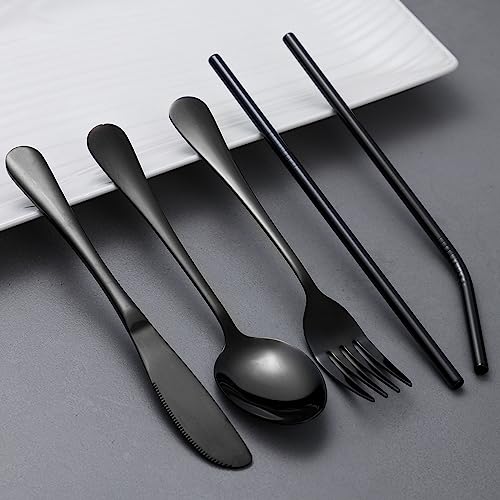 7 Piece Travel Utensils Set with Case and Straws (Black)