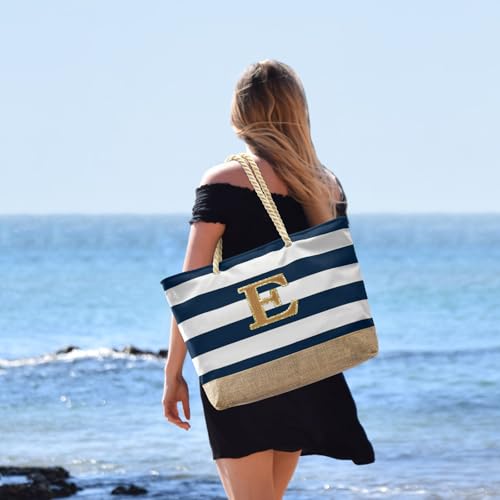 Beach Bag Initial Beach Tote with Makeup Bag for Travel (Dark Blue 2 Pcs)