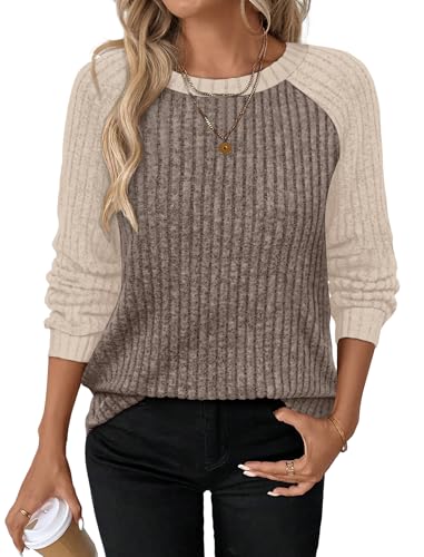 Chocolate Brown Fall Clothes Long Sleeve Shirts for Women Casual Tops Fall Fashion Must Have Sweaters Lightweight Winter Clothes Paneled Apricot (XX-Large / 08-coffee Apricot)