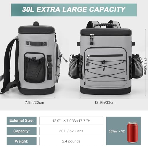 Large 52 Can Insulated Waterproof Leakproof Cooler Backpack (Grey, Black Zipper)