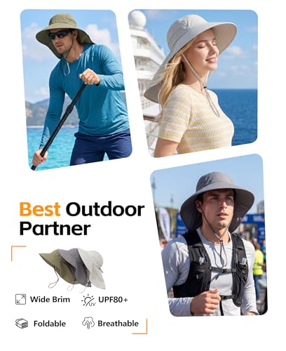 UPF 80+ Sun Hat for Men Women Wide Brim Sun Hat with Neck Flap Summer Safari UV Protection Gardening Fishing Hat Light Grey (Light Grey)